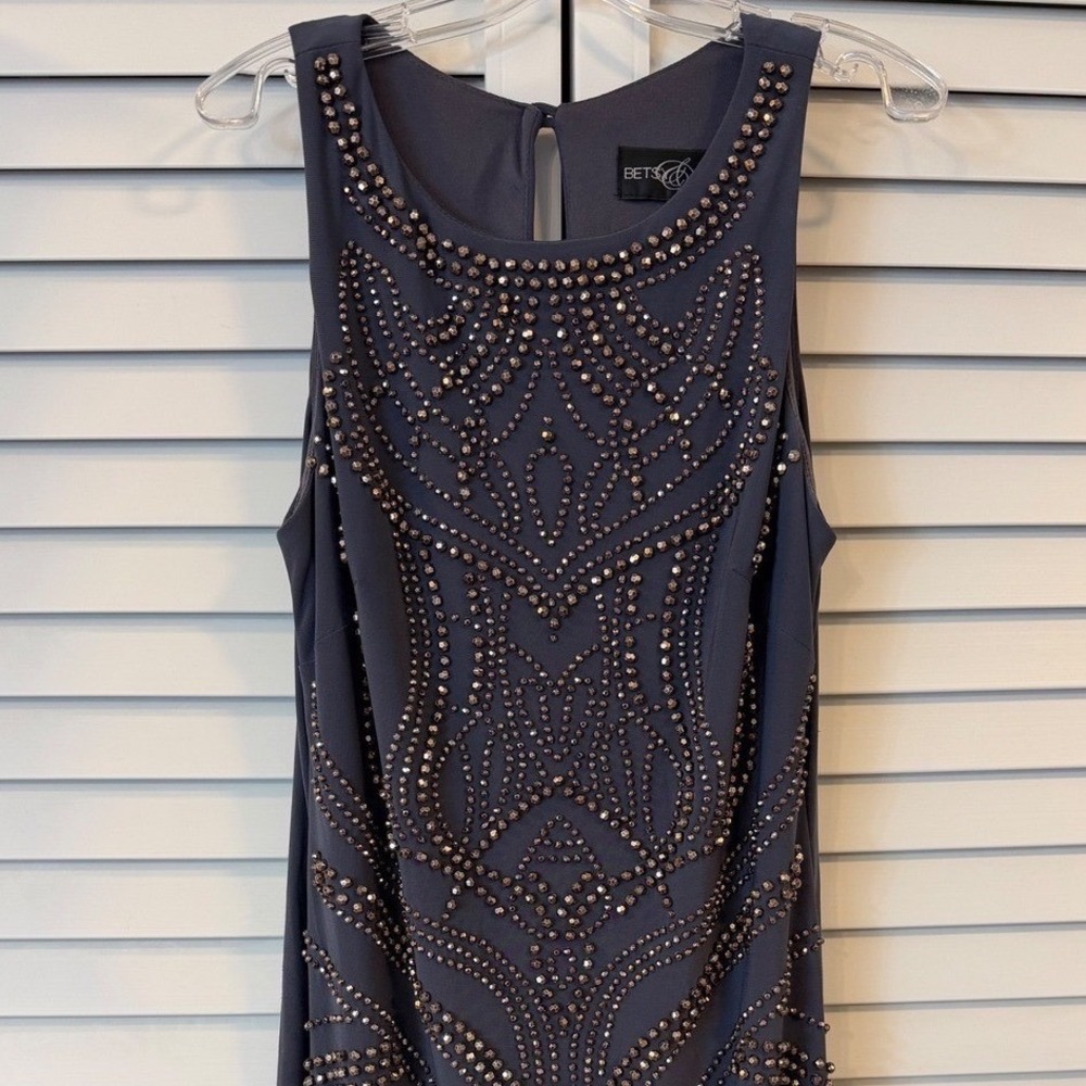 Art Deco Betsy & Adam Beaded Sheath Dress Slate Gray Sleeveless Cocktail Size 4